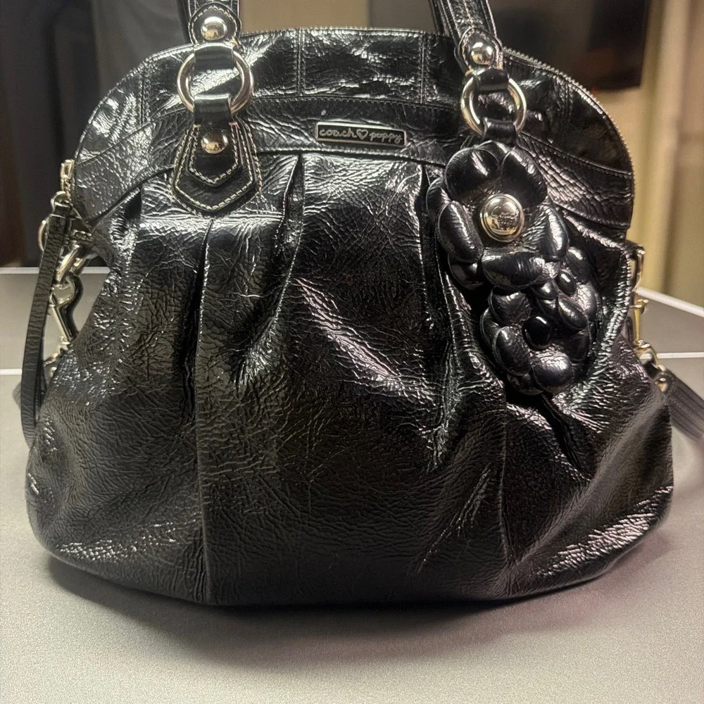 Coach Poppy Black Patent Leather Satchel Handbag Silver Hardware Flower Charm